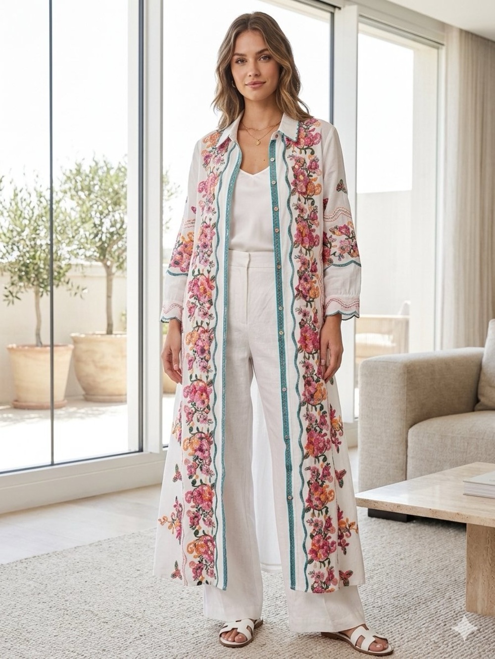 NWT Aratta Beauty Mark Maxi Duster White Floral Embroidered Long Kimono Duster